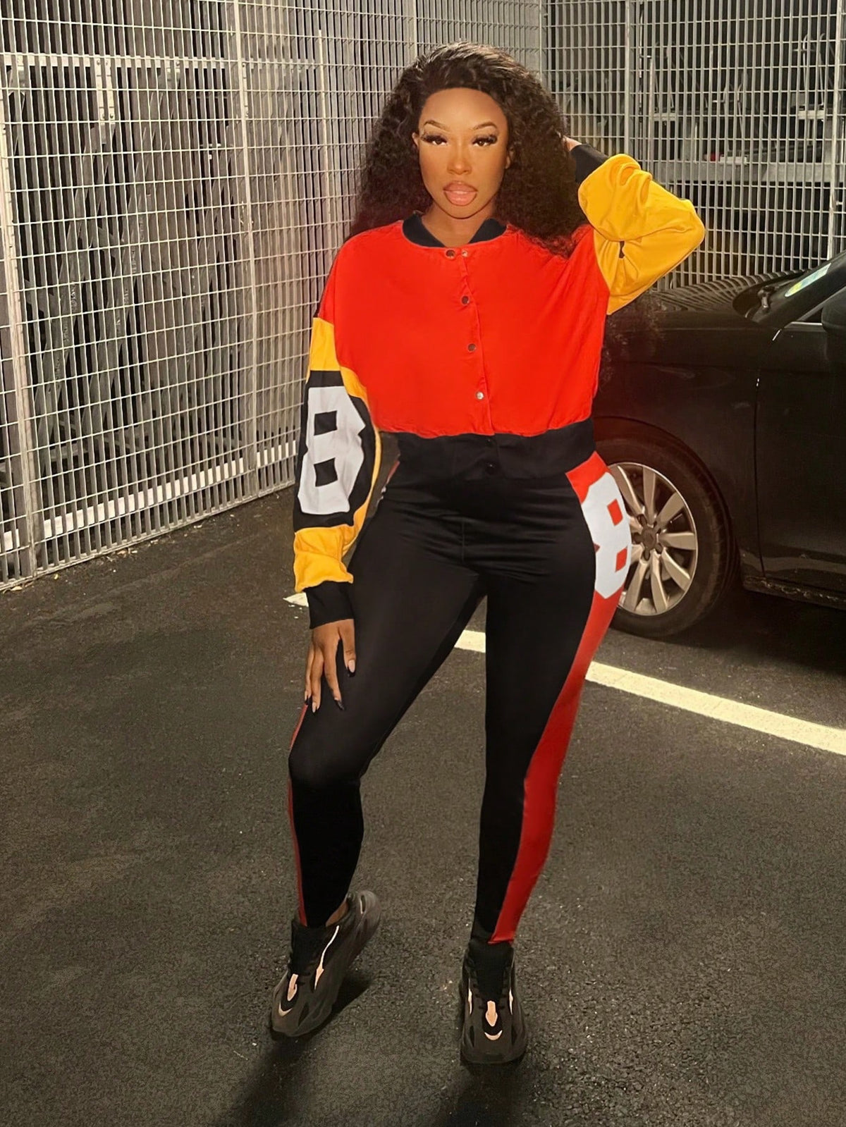 Women'S Digital Print Color Block Jacket And Leggings Set