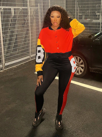 Women'S Digital Print Color Block Jacket And Leggings Set