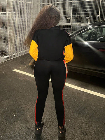 Women'S Digital Print Color Block Jacket And Leggings Set