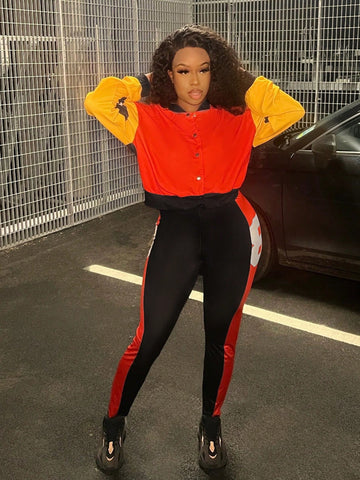 Women'S Digital Print Color Block Jacket And Leggings Set