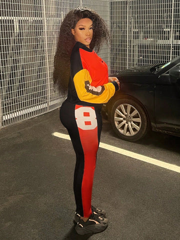 Women'S Digital Print Color Block Jacket And Leggings Set