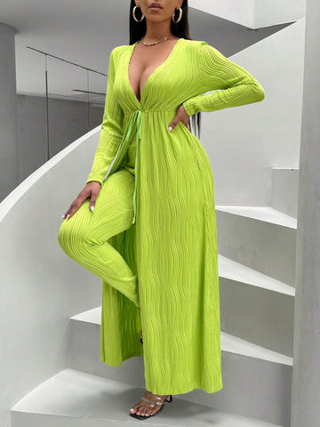 Women'S Drawstring Waist Long Sleeve Jacket And Pants Two Piece Set