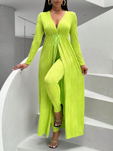 Women'S Drawstring Waist Long Sleeve Jacket And Pants Two Piece Set