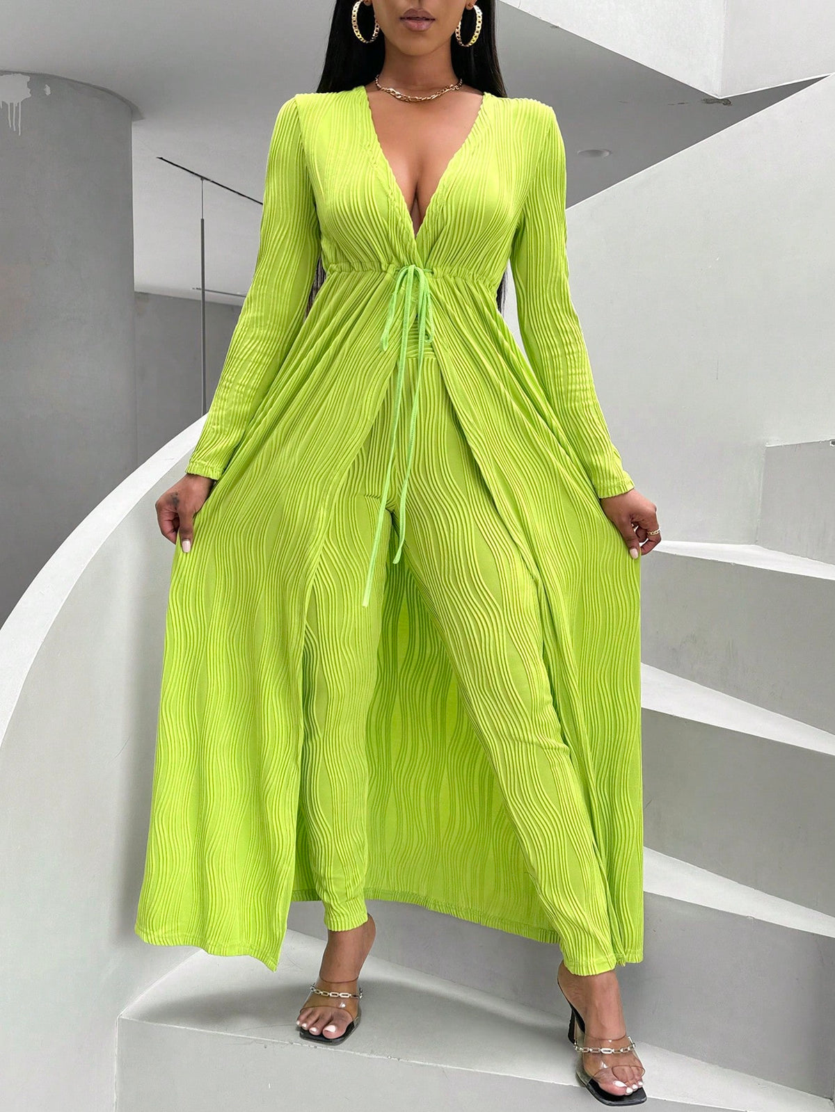 Women'S Drawstring Waist Long Sleeve Jacket And Pants Two Piece Set