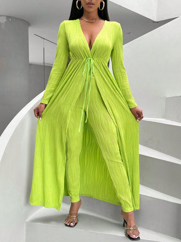 Women'S Drawstring Waist Long Sleeve Jacket And Pants Two Piece Set