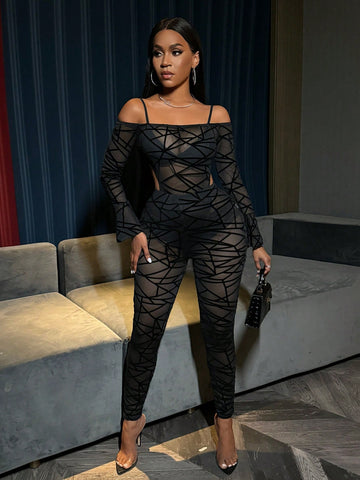 Women'S Flocking & Mesh Slim Fit 2-Piece Set