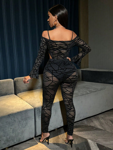 Women'S Flocking & Mesh Slim Fit 2-Piece Set