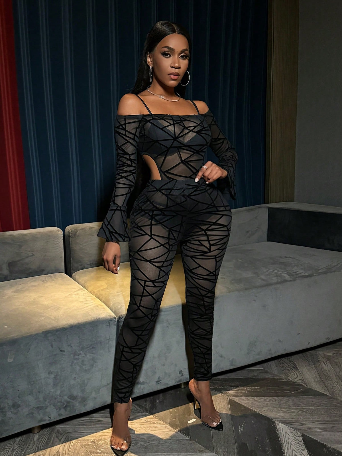 Women'S Flocking & Mesh Slim Fit 2-Piece Set