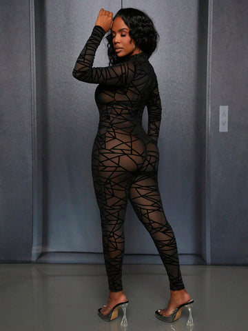 Women'S Geometric Flocking Mesh Bodysuit Jumpsuit