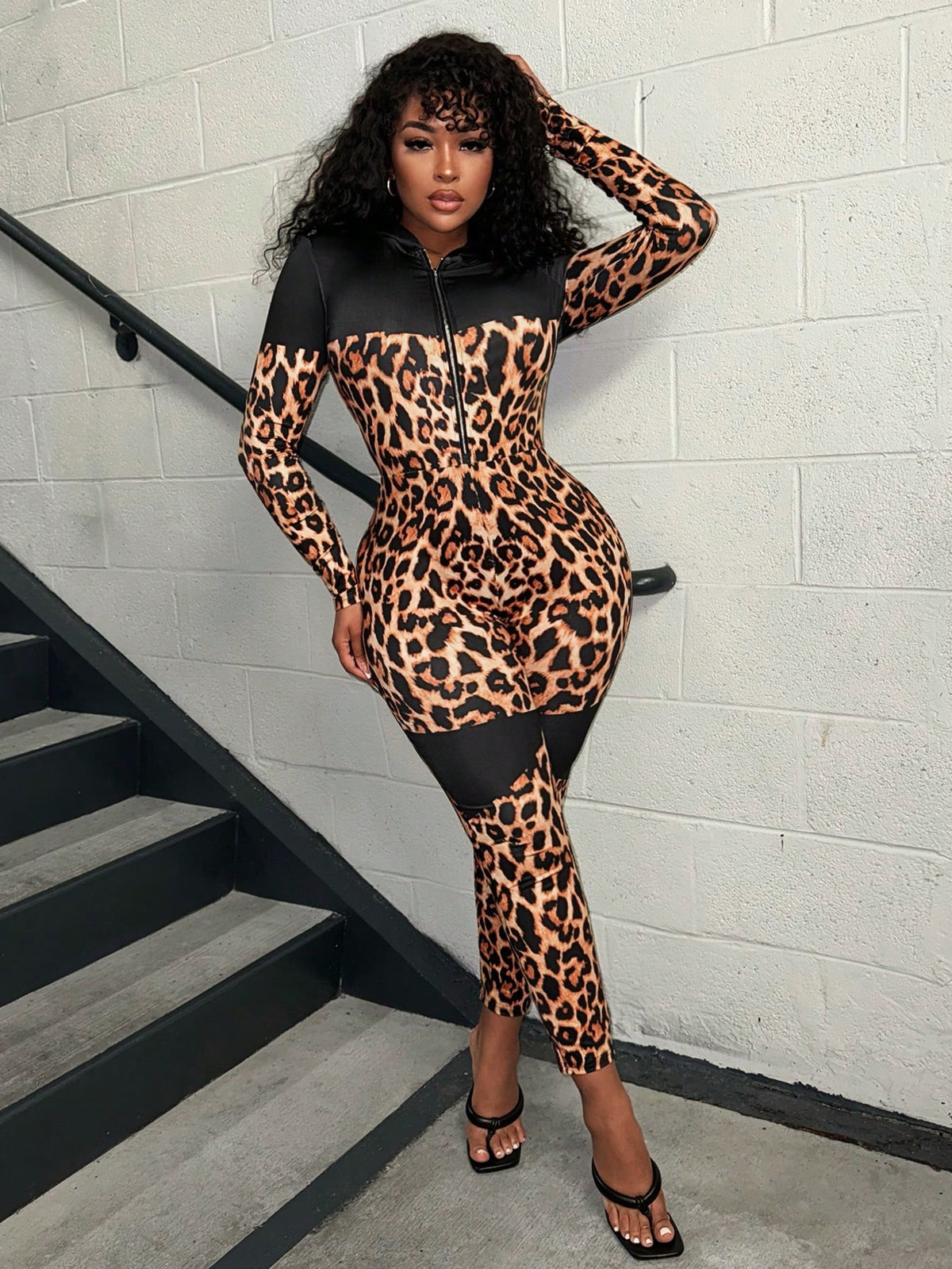 Women'S Leopard Print Patchwork Bodycon Jumpsuit