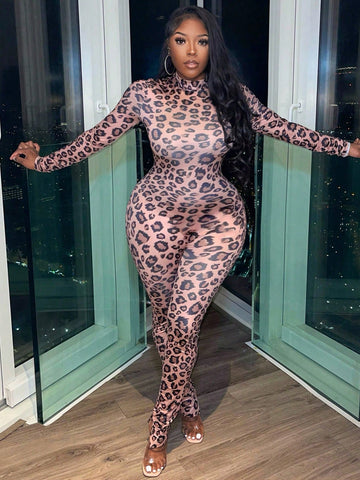 Women'S Leopard Print Turtleneck Bodycon Jumpsuit
