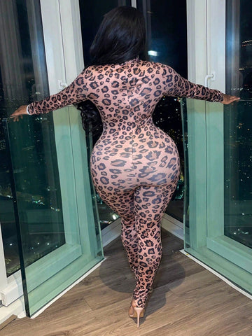 Women'S Leopard Print Turtleneck Bodycon Jumpsuit