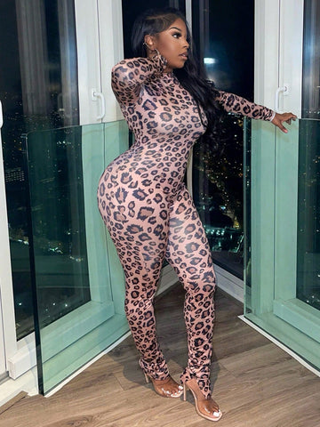 Women'S Leopard Print Turtleneck Bodycon Jumpsuit