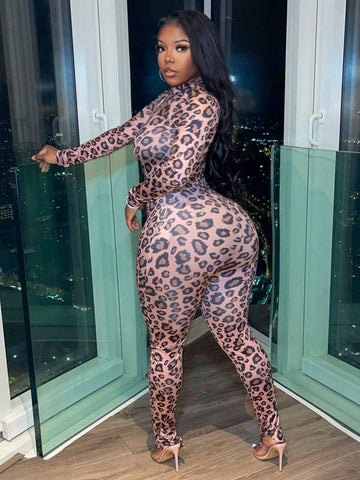 Women'S Leopard Print Turtleneck Bodycon Jumpsuit