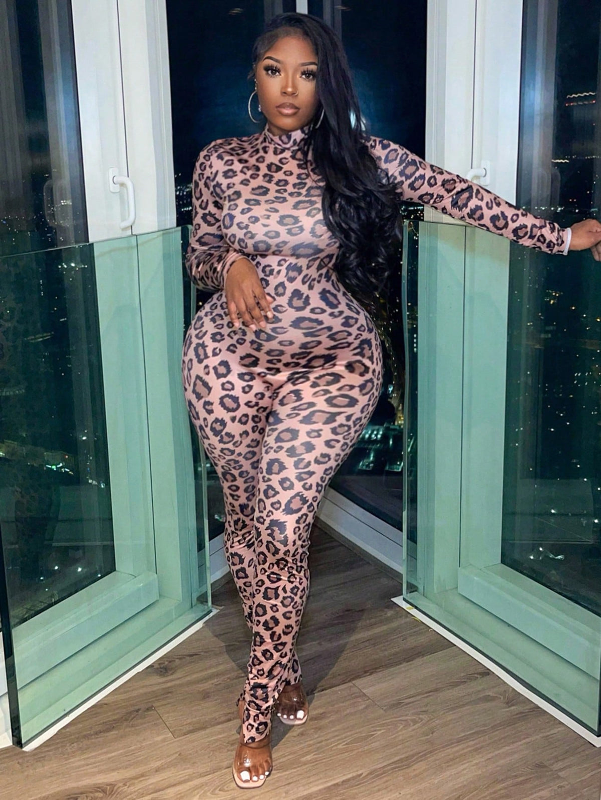 Women'S Leopard Print Turtleneck Bodycon Jumpsuit