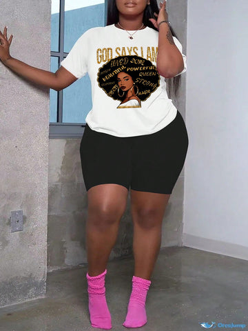 Women'S Letter And Character Printed Short Sleeve T-Shirt And Shorts Set