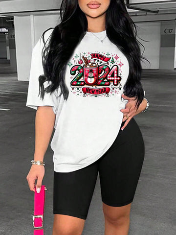 Women'S Letter Printed Round Neck T-Shirt And Shorts Set