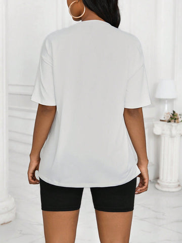 Women'S Letter Printed Round Neck T-Shirt And Shorts Set