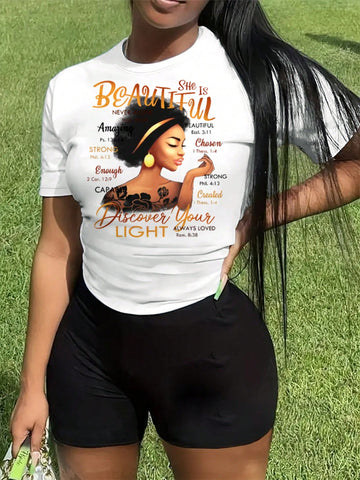 Women'S Letter & Character Printed Short Sleeve T-Shirt And Shorts Set