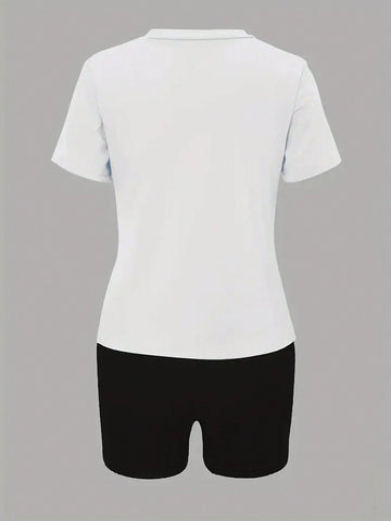 Women'S Letter & Character Printed Short Sleeve T-Shirt And Shorts Set