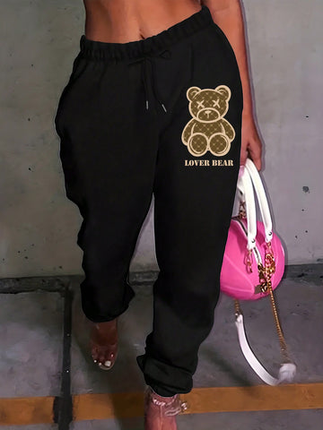Slayr Women'S Letter & Small Bear Printed Drawstring Waist Joggers