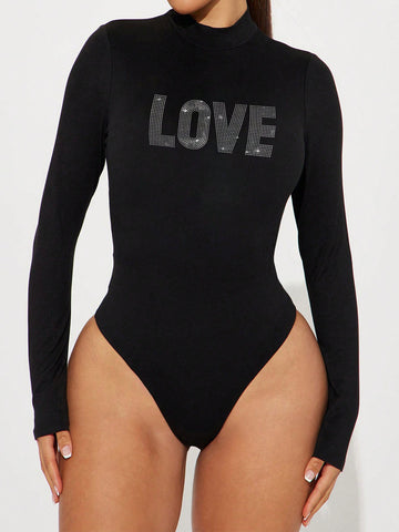Women'S Long Sleeve Letter Printed Rhinestone Decoration Bodysuit With Stand Collar