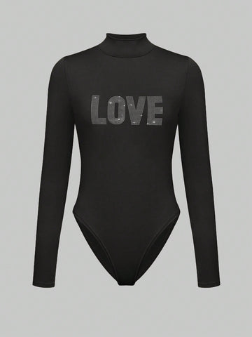 Women'S Long Sleeve Letter Printed Rhinestone Decoration Bodysuit With Stand Collar