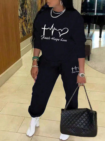 Women'S Love Heart & Letter Printed Sweatshirt & Sweatpants Set