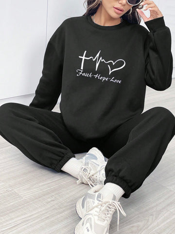 Women'S Love Heart & Letter Printed Sweatshirt & Sweatpants Set