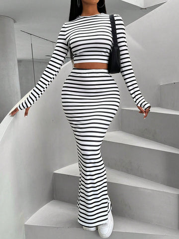 Women'S Round Neck Striped Long Sleeve T-Shirt And Skirt Set