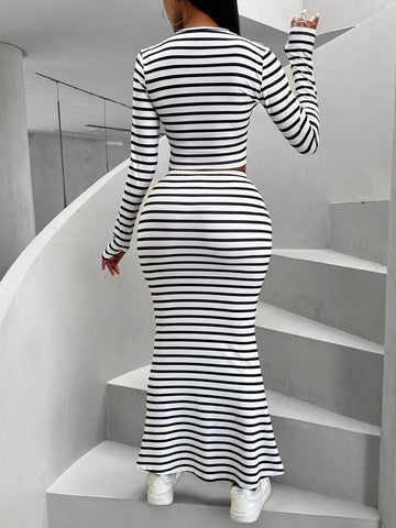 Women'S Round Neck Striped Long Sleeve T-Shirt And Skirt Set