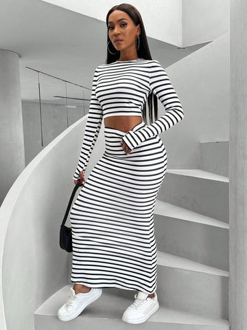 Women'S Round Neck Striped Long Sleeve T-Shirt And Skirt Set
