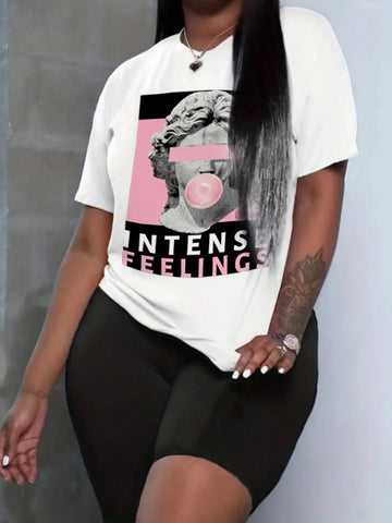 Women'S Sculpture Alphabet Print Short Sleeve T-Shirt And Shorts Set