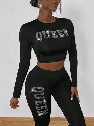 Women'S Slim Fit 2pcs Diamante Letter Pattern Set
