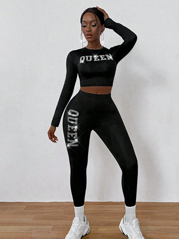 Women'S Slim Fit 2pcs Diamante Letter Pattern Set