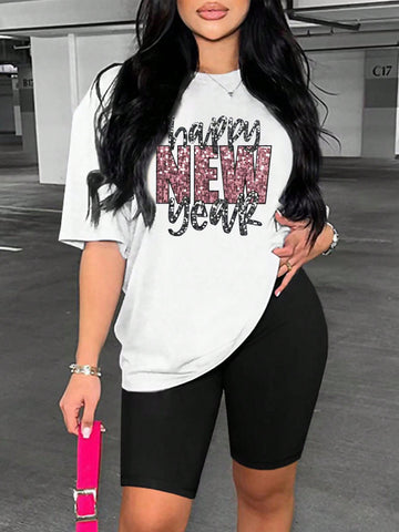 Women'S Slogan Print Round Neck T-Shirt And Shorts Set