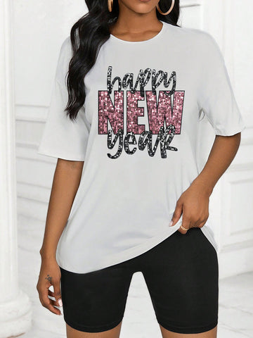 Women'S Slogan Print Round Neck T-Shirt And Shorts Set