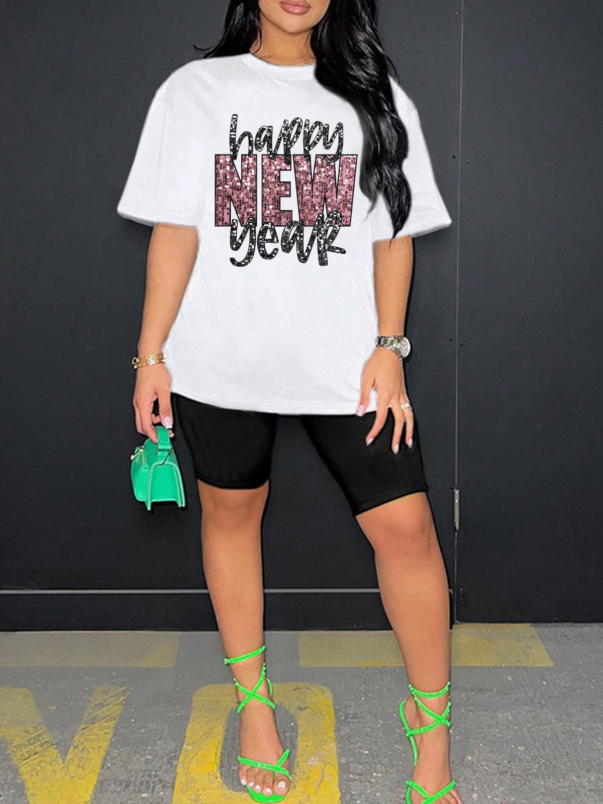 Women'S Slogan Print Round Neck T-Shirt And Shorts Set