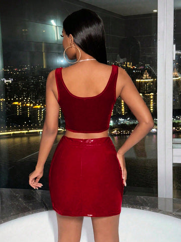 Women'S Solid Color Sleeveless Top & Slim Fit Skirt Two Piece Set