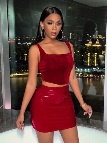 Women'S Solid Color Sleeveless Top & Slim Fit Skirt Two Piece Set