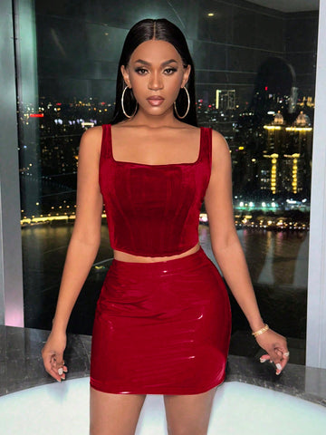 Women'S Solid Color Sleeveless Top & Slim Fit Skirt Two Piece Set