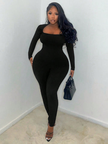 Women'S Solid Color Square Neck Jumpsuit