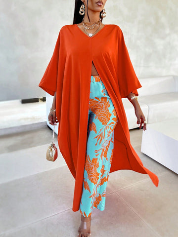 Women'S Split Hem Batwing Sleeve Top & Floral Printed Pants Set