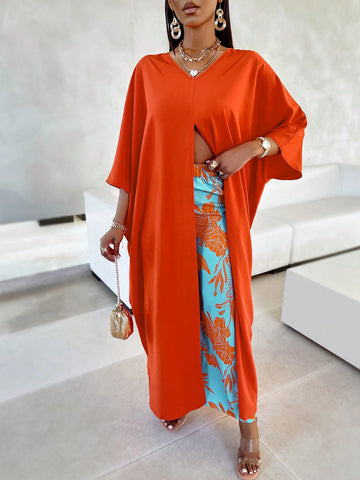 Women'S Split Hem Batwing Sleeve Top & Floral Printed Pants Set