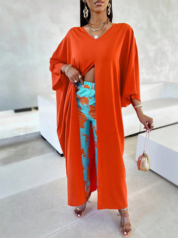 Women'S Split Hem Batwing Sleeve Top & Floral Printed Pants Set