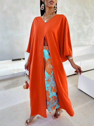 Women'S Split Hem Batwing Sleeve Top & Floral Printed Pants Set