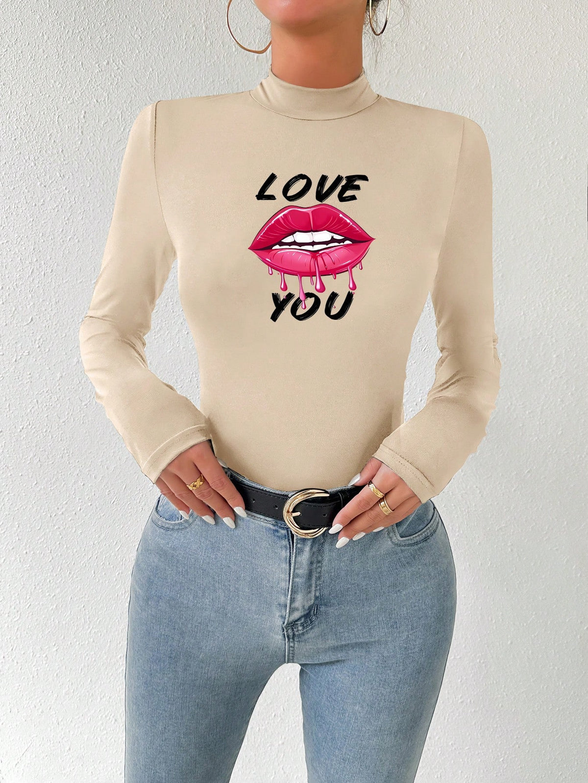 Women'S Stand Collar Long Sleeve Jumpsuit With Letter And Lips Print