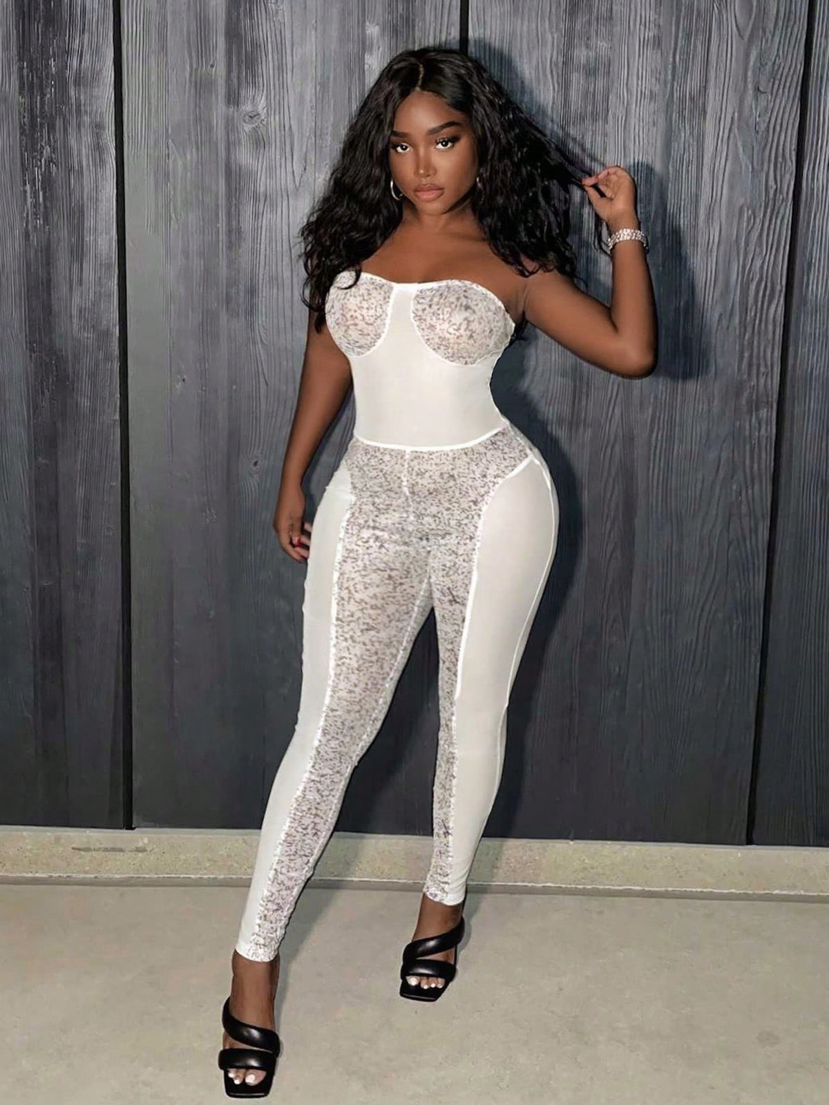 Women'S Strapless Mesh & Sequin Embellished Printed Bodysuit