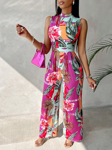 Women'S Tropical Printed Stand Collar Jumpsuit
