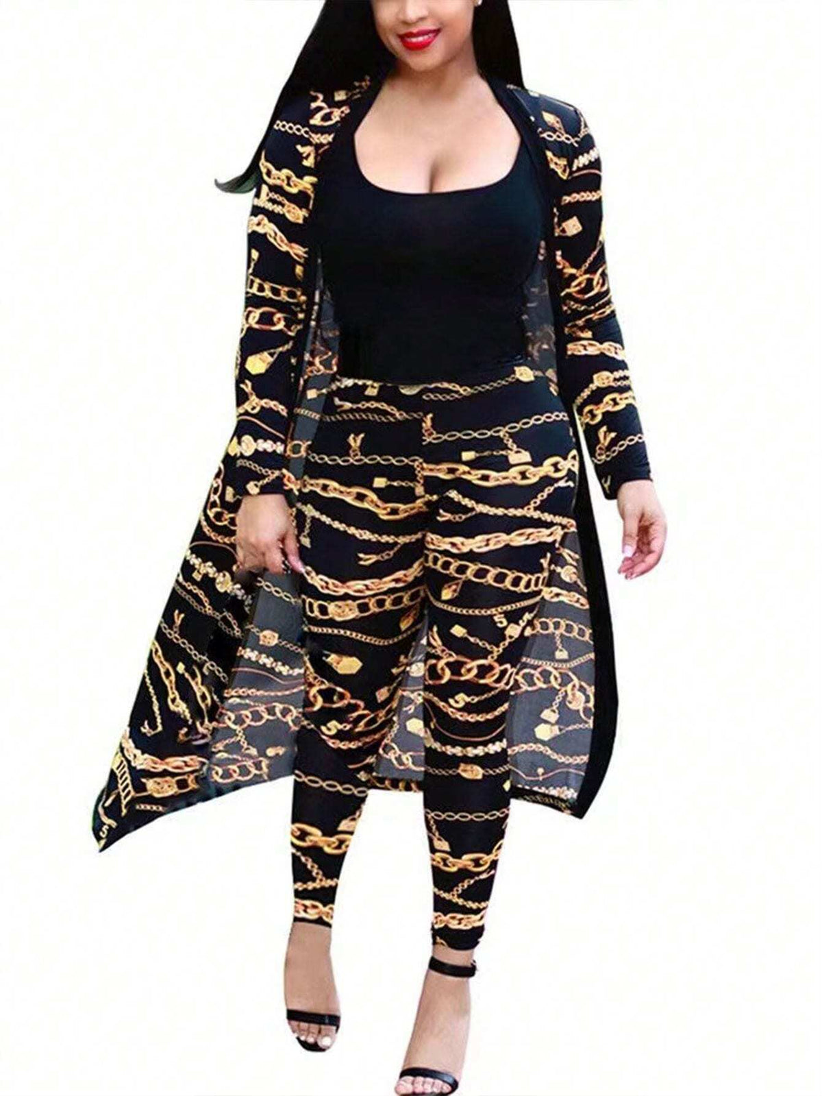 Women 2pcs Set Chain Print Long Sleeve Cardigan Jacket And Pants, Casual And Fashionable, Autumn
